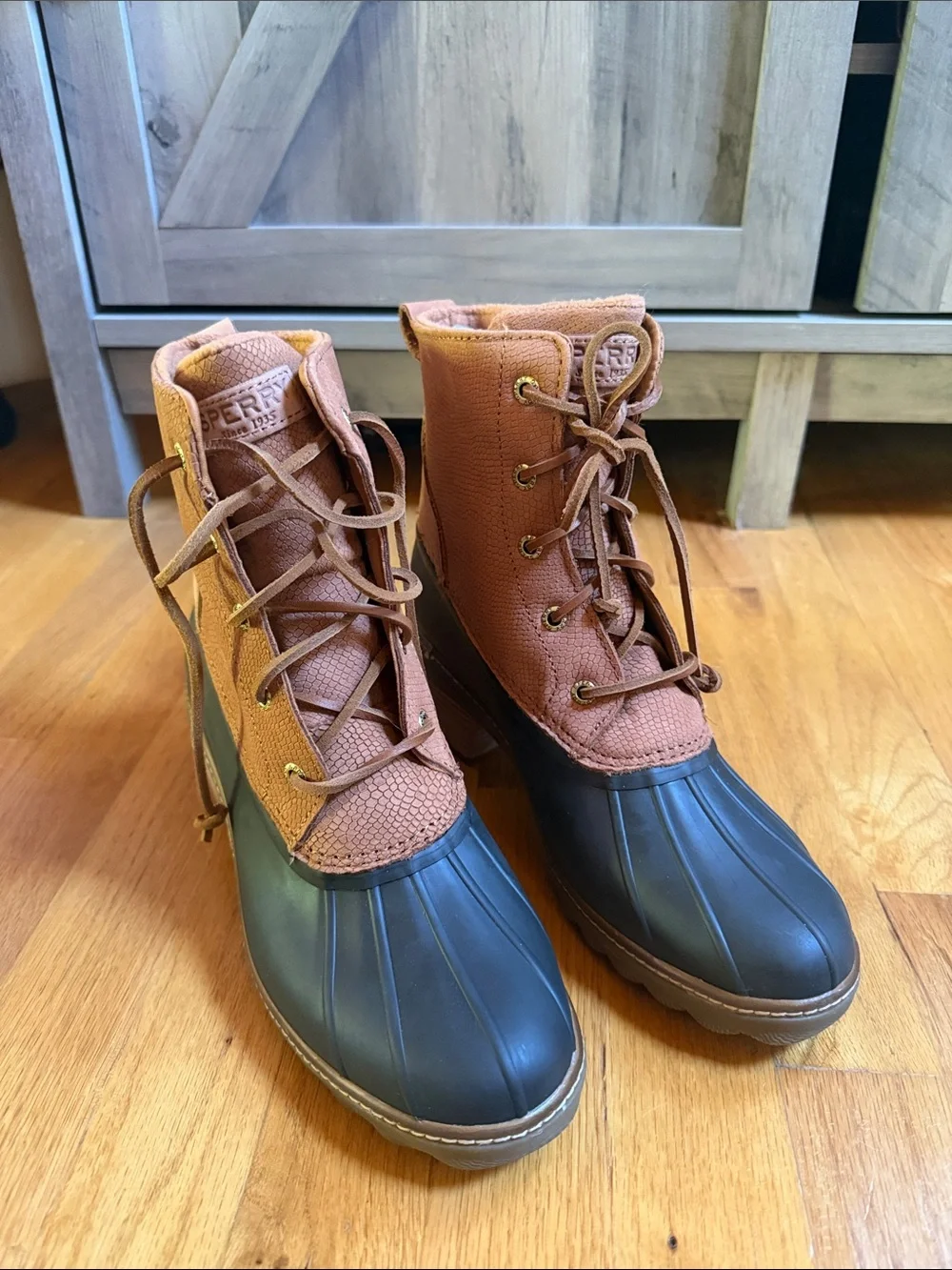 Sperry Two-Tone Brown and Olive Duck Boots - Lace-Up Winter Boots